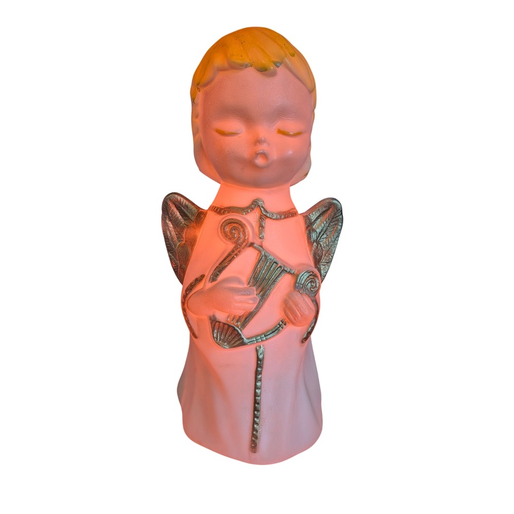 Vintage Christmas Angel Blow Mold Tabletop Light Harp Gold Wings 12 Inch